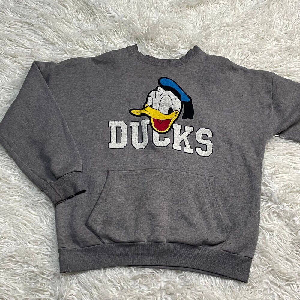 Disney Women's Donald Duck Head Heather Grey Sweatshirt Vintage Size L Chenille